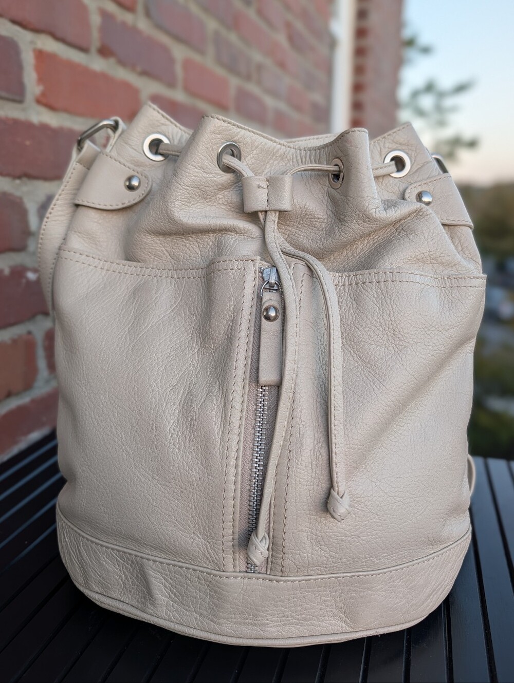 Gianni Chiarini Pearl Oyster Leather Drawstring Bucket Shoulder Bag